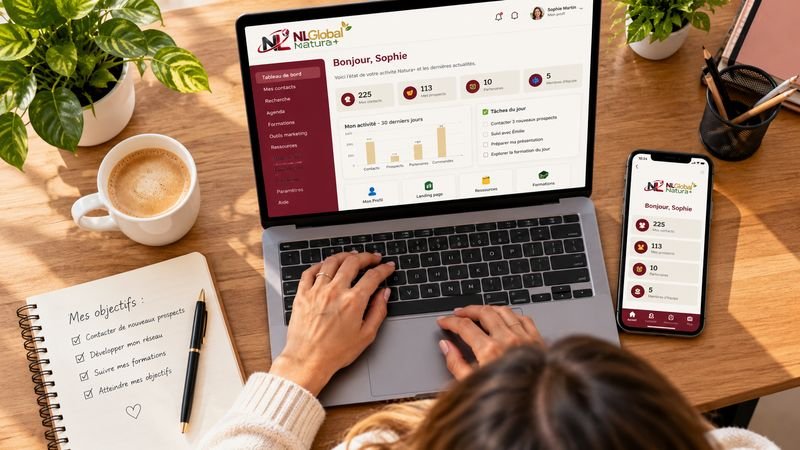 Un bureau avec un ordinateur affichant l'application Natura+, un carnet d'objectifs et un téléphone