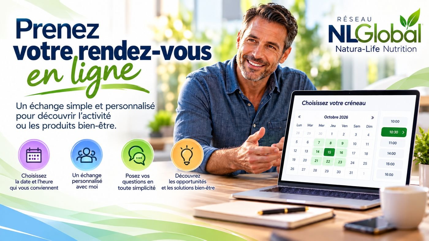 Prenez votre rendez-vous en ligne : choisissez la date et l'heure qui vous conviennent, posez vos questions et découvrez l'activité ou les produits bien-être. Réseau NLGlobal Natura-Life Nutrition.