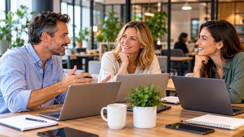 Trois personnes échangent avec le sourire autour de leurs ordinateurs dans un espace de travail partagé