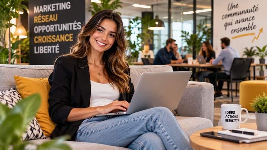 Une femme souriante, son ordinateur sur les genoux, dans un espace de travail partagé où d'autres personnes échangent