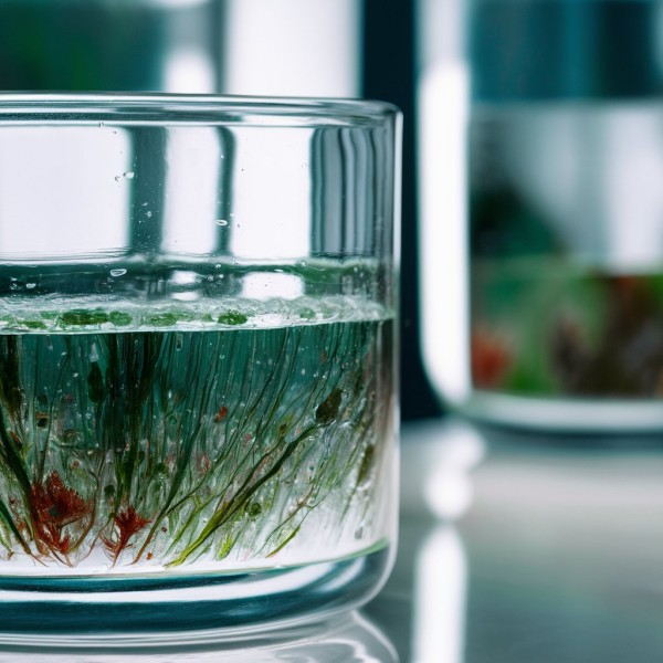 Micro-algues brunes dans un récipient en verre transparent
